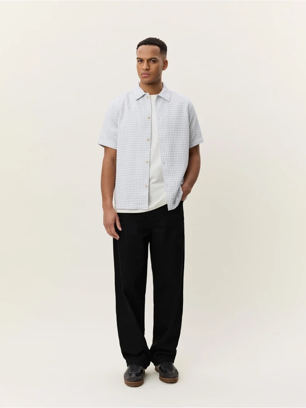 Les Deux Check Seersucker Shirt Light Blue NWOT $149 MSRP